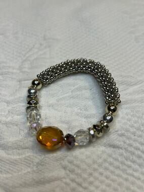Stretchy Silver Tone Beaded Brown & Amber Colored Bracelet